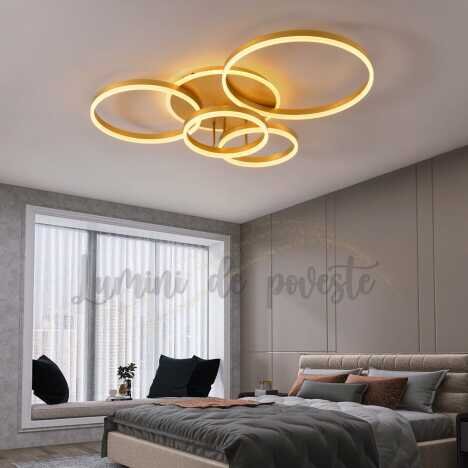 Lustra LED 234W Minimalist Mickey Gold, LED inclus, 4 surse de iluminare, Telecomanda, Lumina: Cald,